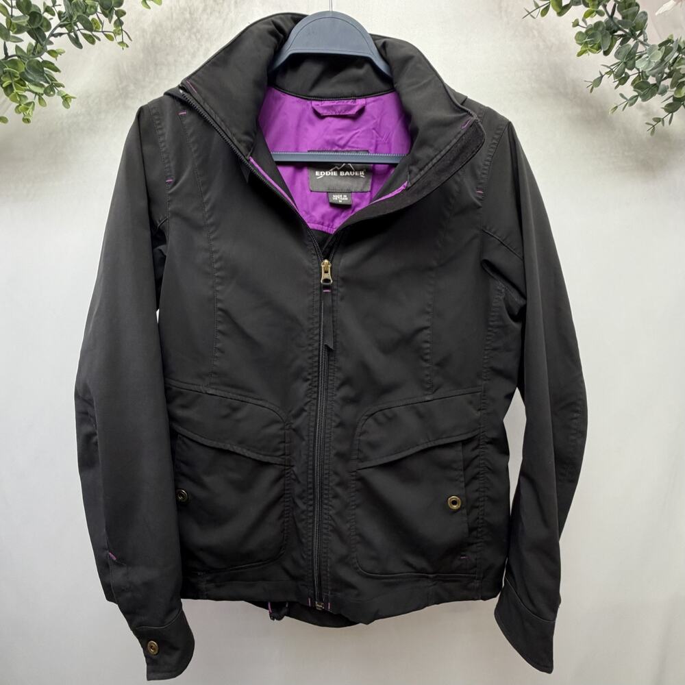 Eddie Bauer Womens M Travex Full Zip Jacket Pockets Hood Black W/Pink